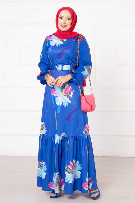 Sleeve Chiffon Flower Patterned Modest Dress in Royal Blue