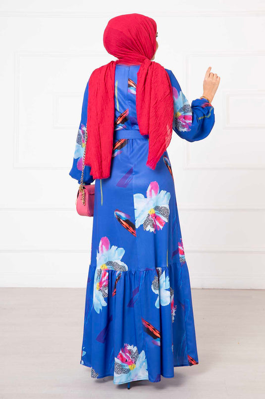 Sleeve Chiffon Flower Patterned Modest Dress in Royal Blue