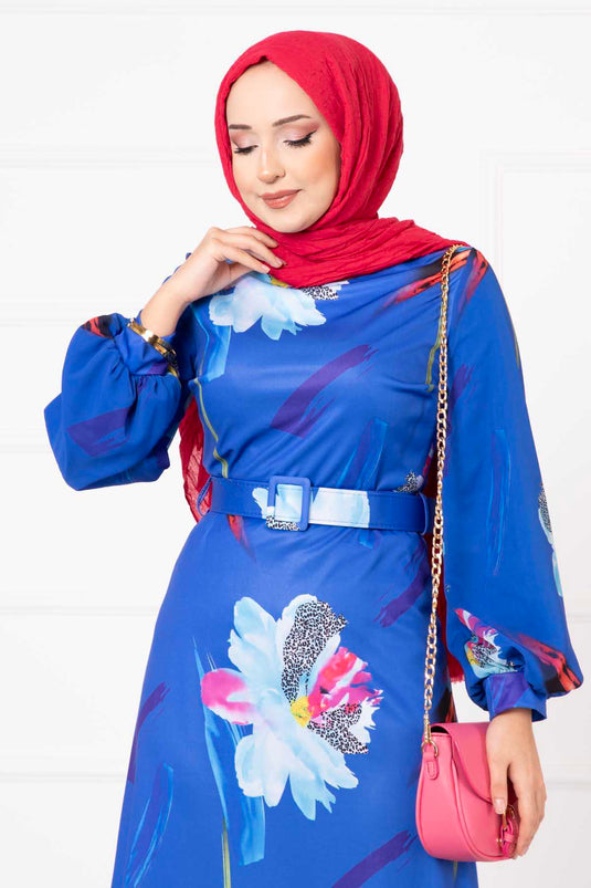 Sleeve Chiffon Flower Patterned Modest Dress in Royal Blue