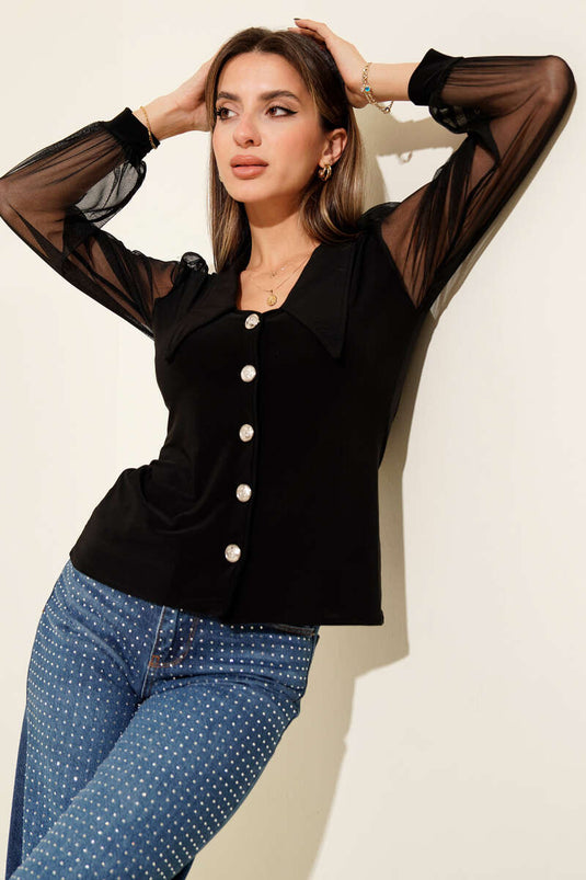 Camicetta nera con maniche in chiffon e dettaglio di bottoni