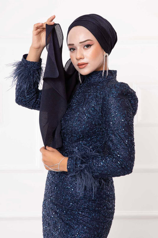 Abito da sera hijab a tubino con dettagli in piume sulle maniche Blu navy