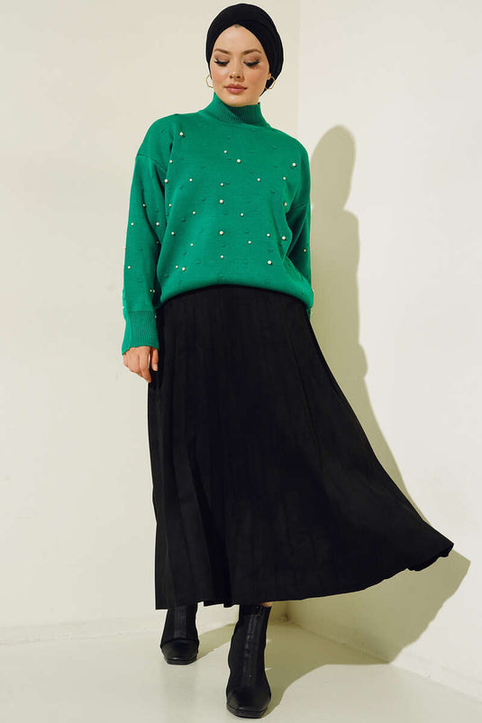 Pull en Maille avec Perles sur les Manches et le Devant Vert