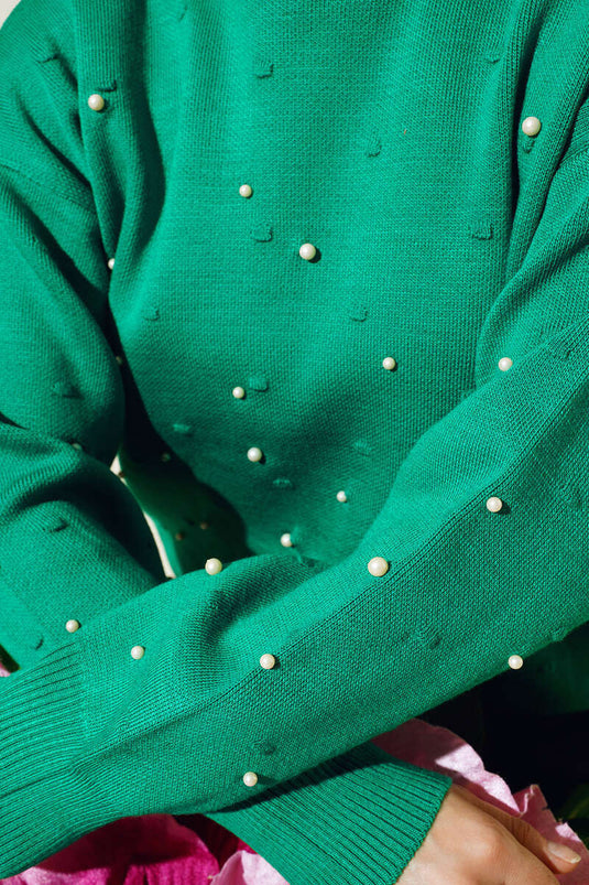 Pull en Maille avec Perles sur les Manches et le Devant Vert