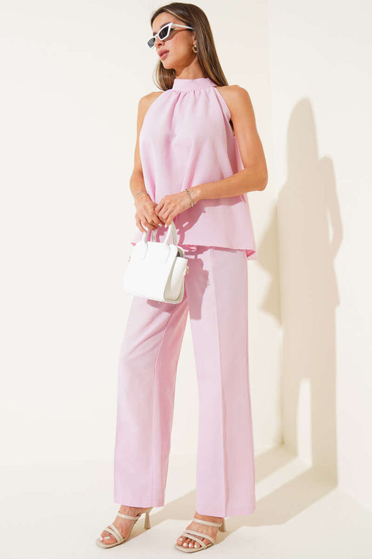 Ärmelloses zweiteiliges Set mit Gürtel, Rosa