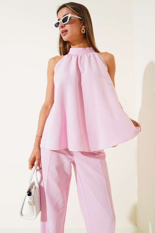 Ärmelloses zweiteiliges Set mit Gürtel, Rosa