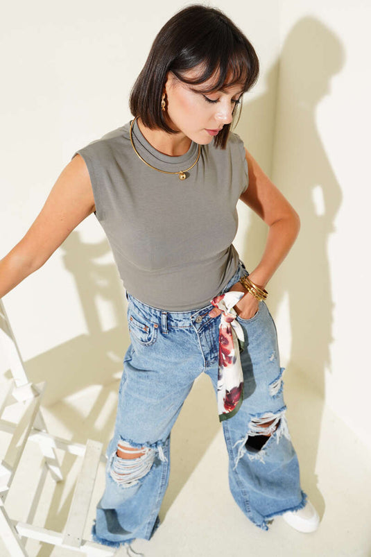 Ärmellose Rippbluse Grau