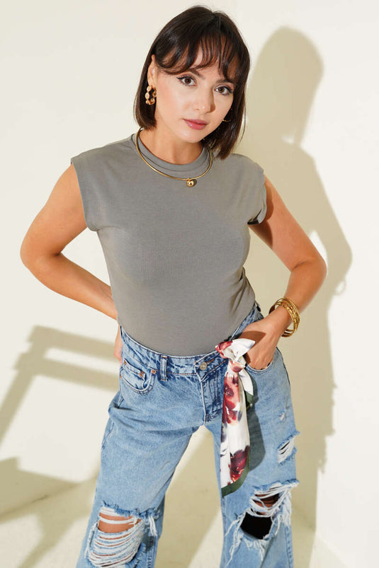 Ärmellose Rippbluse Grau