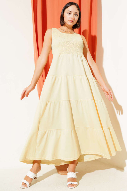 فستان جيبيل أصفر بدون أكمام متعدد الطبقات