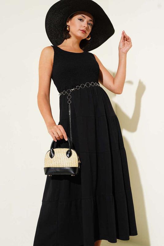 فستان جيبيل أسود بدون أكمام متعدد الطبقات