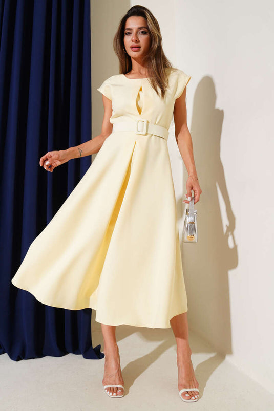 Kolsuz Kemerli Pens Detaylı Elbise Sarı