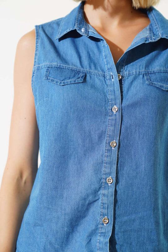 Sleeveless Denim Shirt Blue
