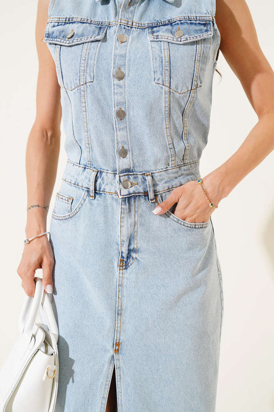 Ärmelloses Jeanskleid mit Schlitz, Hellschnee