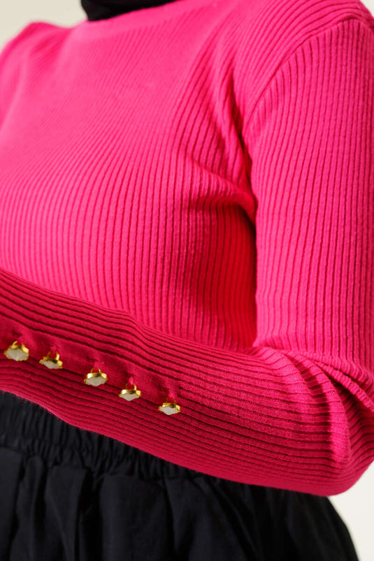 Fuchsia Ribbed Knit Sweater with Button Detail on the Sleeve