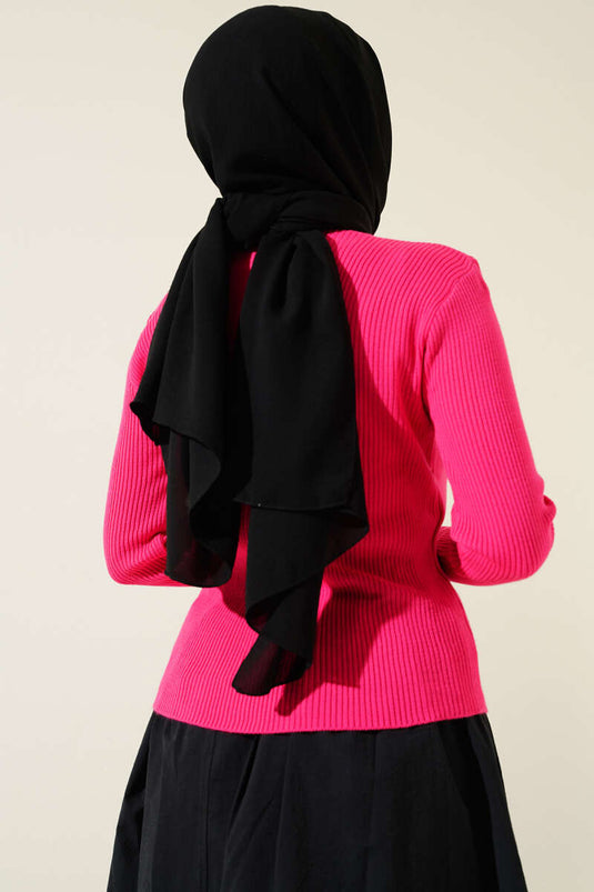 Fuchsia Ribbed Knit Sweater with Button Detail on the Sleeve