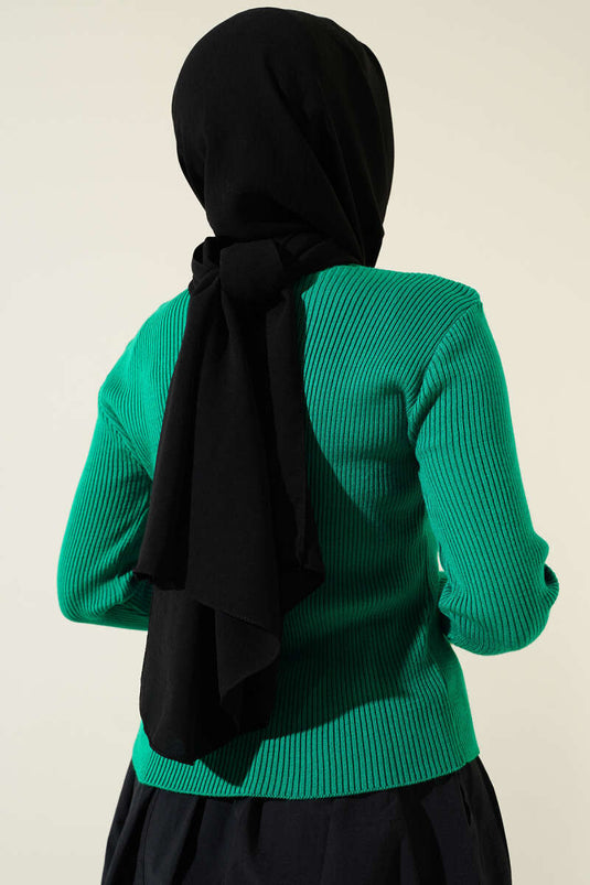 Emerald Ribbed Knit Sweater with Button Detail on Sleeves