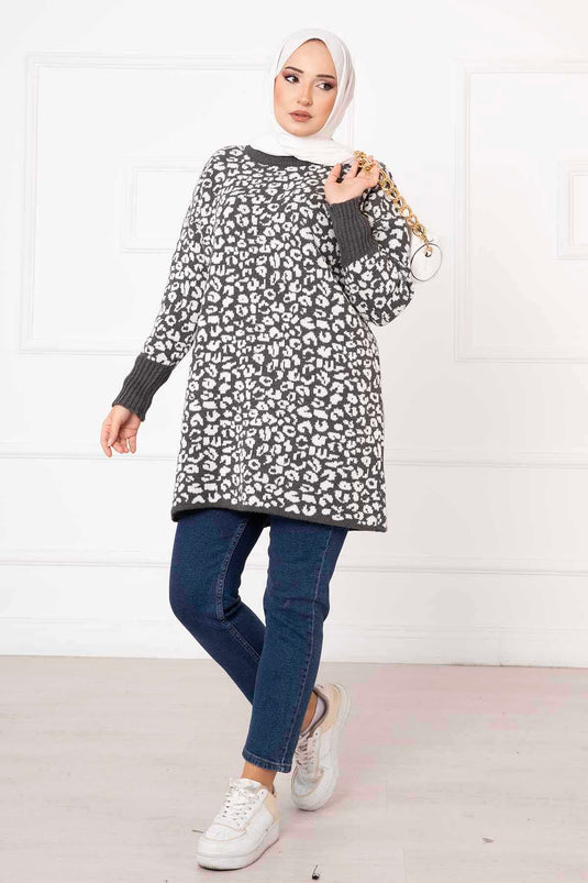 Gray Leopard Tunic with Sleeve Button Detail