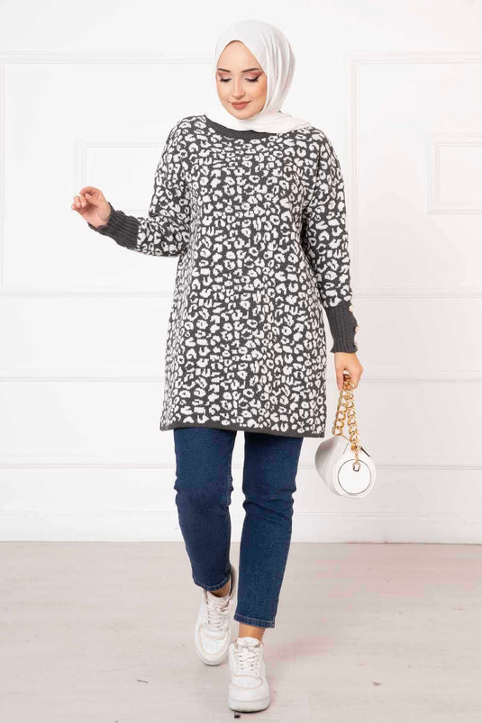 Gray Leopard Tunic with Sleeve Button Detail