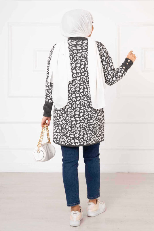 Gray Leopard Tunic with Sleeve Button Detail