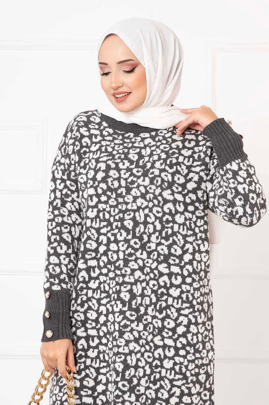 Kolu Düğme Detaylı Leopar Tunik Gri