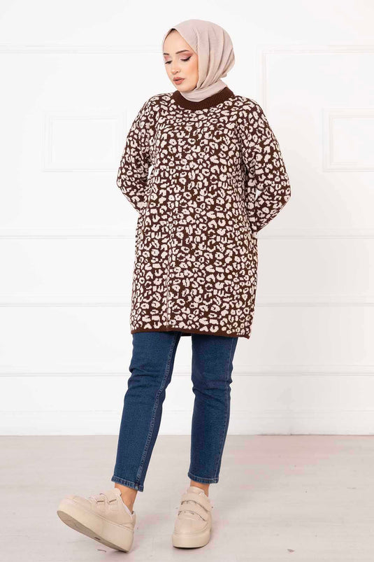 Kolu Düğme Detaylı Leopar Tunik Kahve