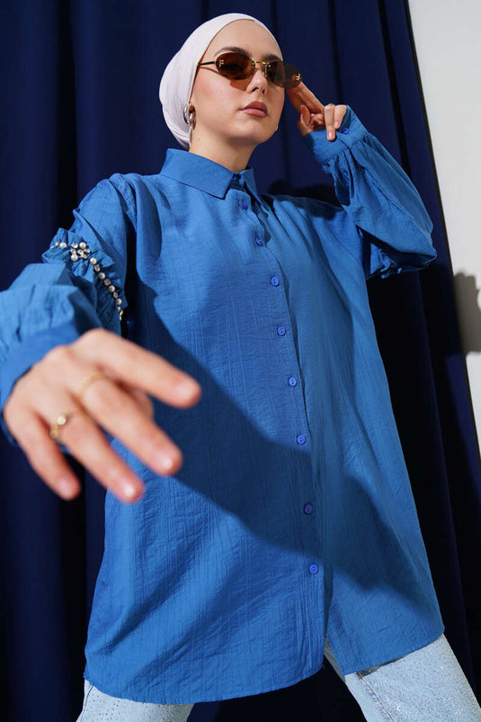 Indigo Shirt with Pearl Detail on the Sleeve