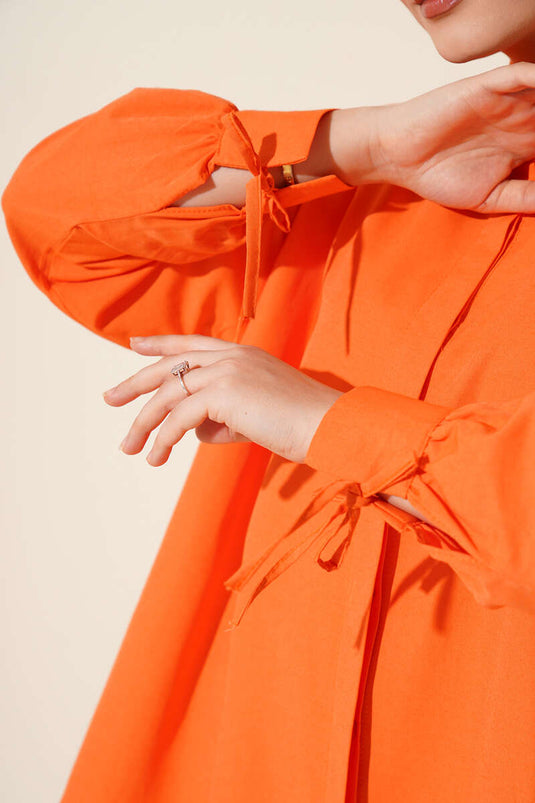 Orange Tunic with Tie-Up Sleeves and Slit