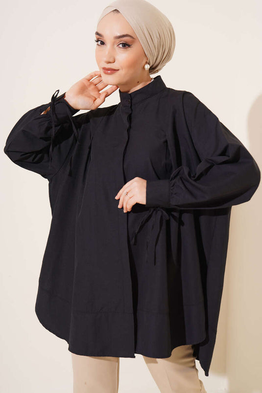 Black Tunic with Tie-Up Sleeves and Slit