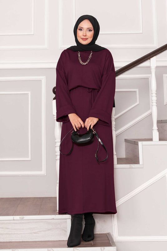 Abito Oysho con dettaglio manica arricciata e cintura rimovibile, bordeaux