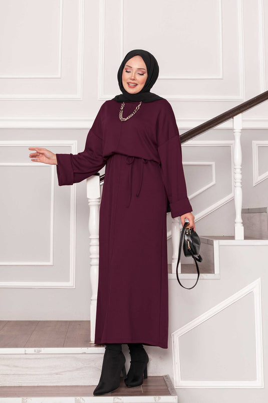 Abito Oysho con dettaglio manica arricciata e cintura rimovibile, bordeaux