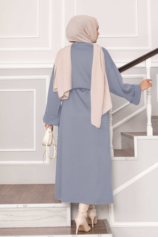 Kolu Katlama Detaylı Seyyar Kuşaklı Oyşo Elbise Gri