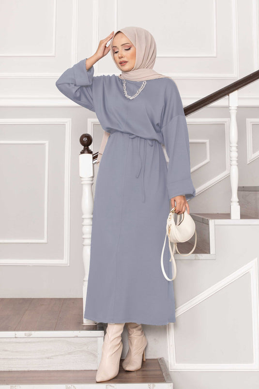 Kolu Katlama Detaylı Seyyar Kuşaklı Oyşo Elbise Gri