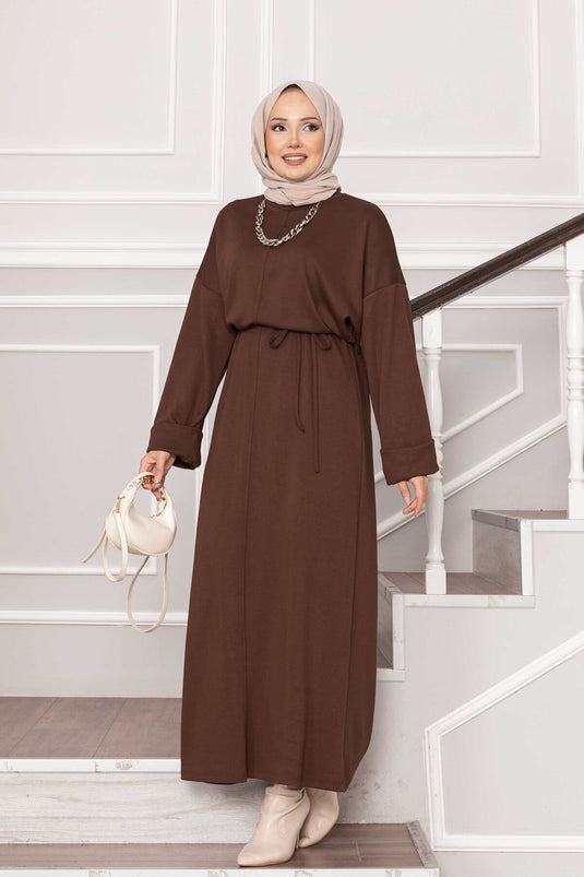 Oysho Kleid mit gefalteten Ärmeldetails und abnehmbarem Gürtel, Braun