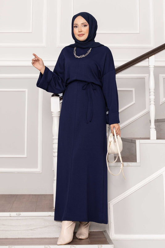 Kolu Katlama Detaylı Seyyar Kuşaklı Oyşo Elbise Lacivert