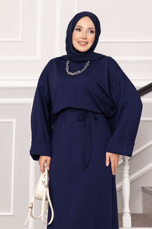 Kolu Katlama Detaylı Seyyar Kuşaklı Oyşo Elbise Lacivert
