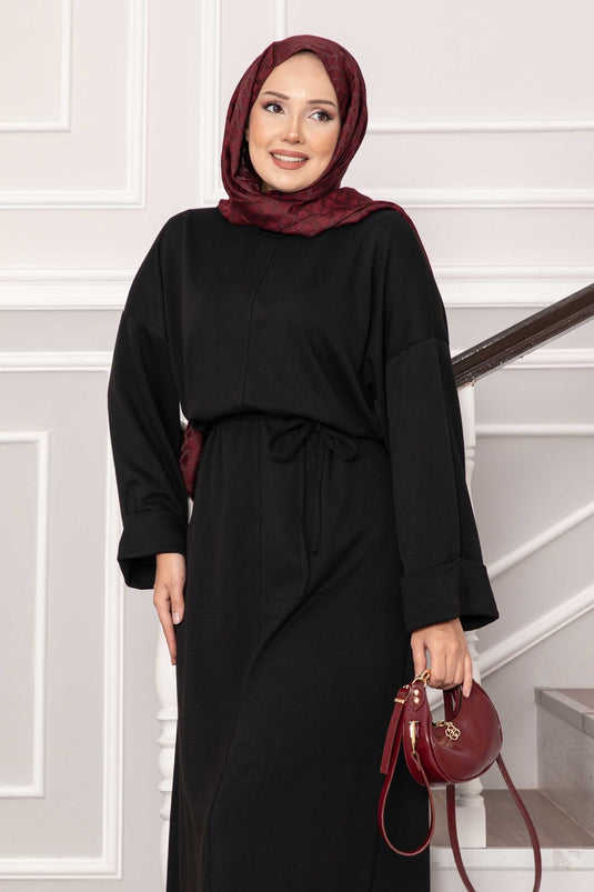 Oysho Kleid mit gefalteten Ärmeldetails und abnehmbarem Gürtel, Schwarz