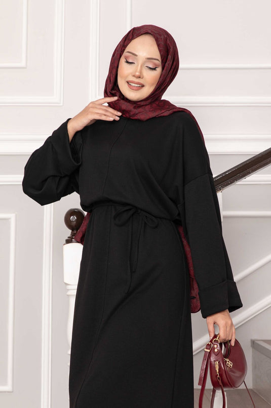 Oysho Kleid mit gefalteten Ärmeldetails und abnehmbarem Gürtel, Schwarz