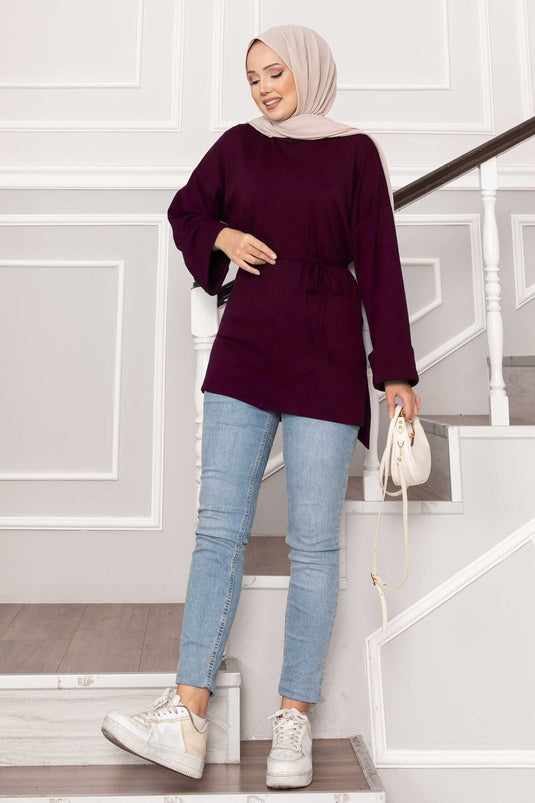 Oysho Tunic with Folded Sleeves and Belt, Burgundy