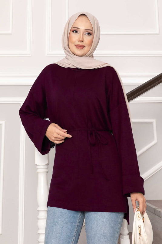 Tunique Oysho à manches repliées et ceinture, bordeaux