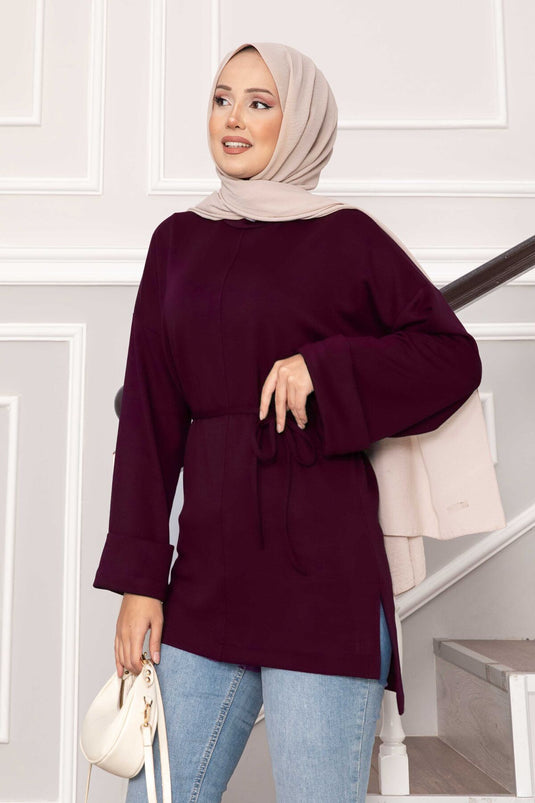 Tunique Oysho à manches repliées et ceinture, bordeaux