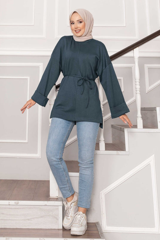 سترة أويشو بأكمام مطوية وحزام، لون أخضر لوزي