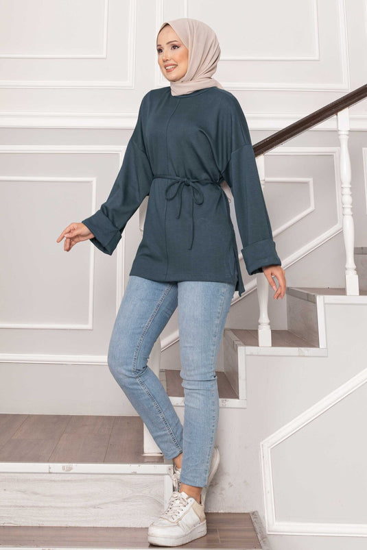 سترة أويشو بأكمام مطوية وحزام، لون أخضر لوزي