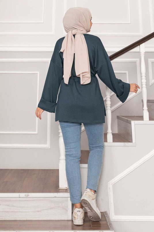 سترة أويشو بأكمام مطوية وحزام، لون أخضر لوزي