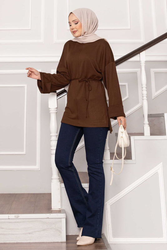 Tunique Oysho à manches repliées et ceinture, marron