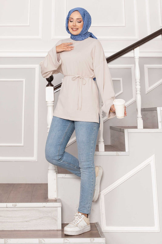 Tunique Oysho à manches repliées et ceinture, crème