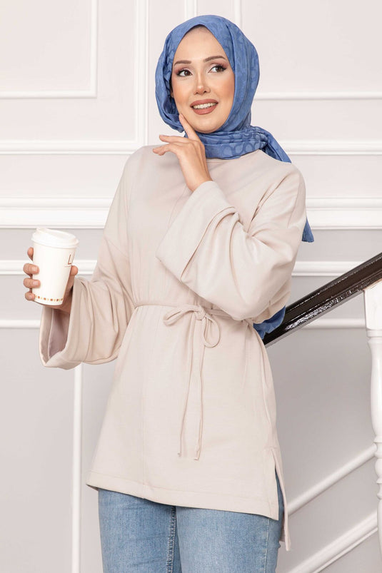 Tunique Oysho à manches repliées et ceinture, crème