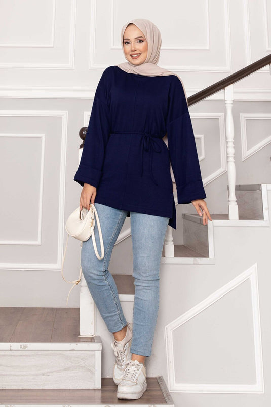 Oysho Tunic with Folded Sleeves and Belt, Navy Blue