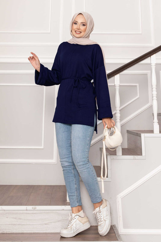 Oysho Tunic with Folded Sleeves and Belt, Navy Blue