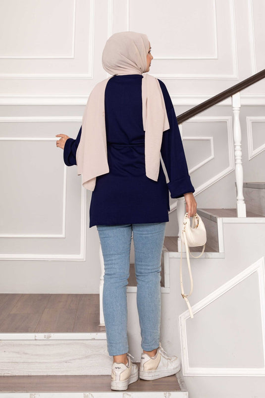 Oysho Tunic with Folded Sleeves and Belt, Navy Blue