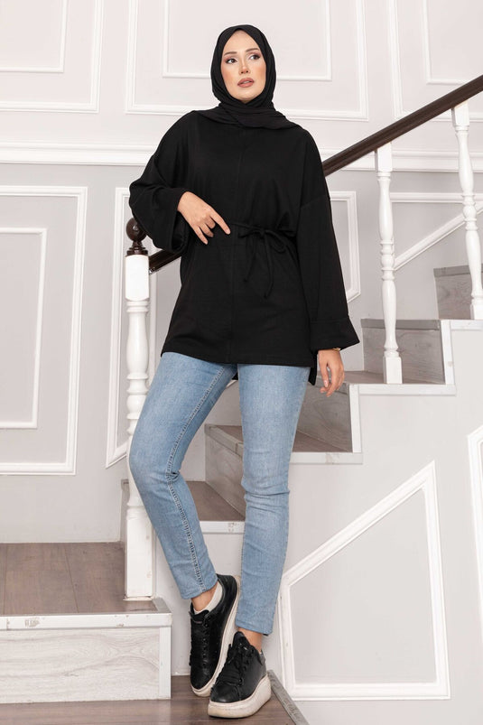 Oysho Tunic with Folded Sleeves and Belt, Black