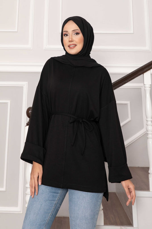 Oysho Tunic with Folded Sleeves and Belt, Black